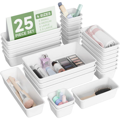 BiuLeon 25 PCS Plastic Drawer Organizers Set, 4-Sizes Vanity and Makeup Organizer, Desk and bathroom Drawer Organizer Trays, Organizers and Storage for Makeup, Jewelry, Gadgets, Utensils (Pink)