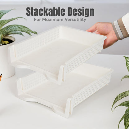 Letter Tray Desk Organizer – Stackable Paper Organizer for Home & Office, Durable Plastic Paper Tray for Desk, A4 & Letter-Size Document Holder (White)