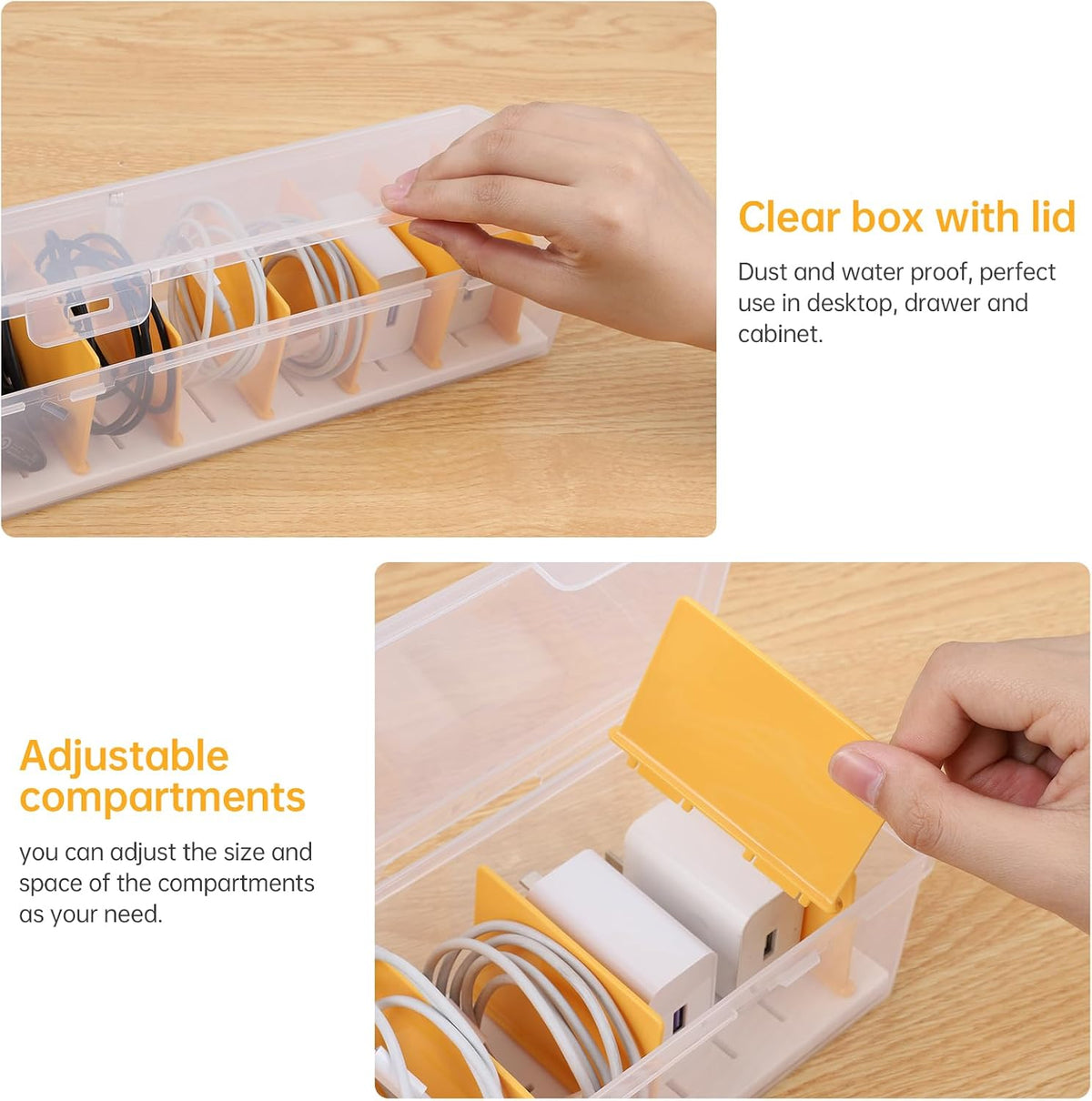 PAVSTINE 2 Pack Clear Cable Organizer Box with Lid and Adjustable Dividers