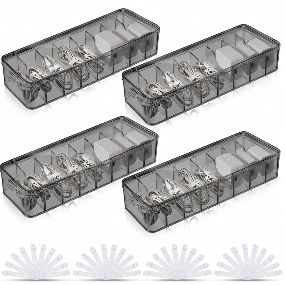 Tatuo Cord Organizer Box with Lid, Clear, 4 Pack