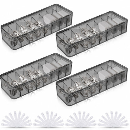 Tatuo Cord Organizer Box with Lid, Clear, 4 Pack