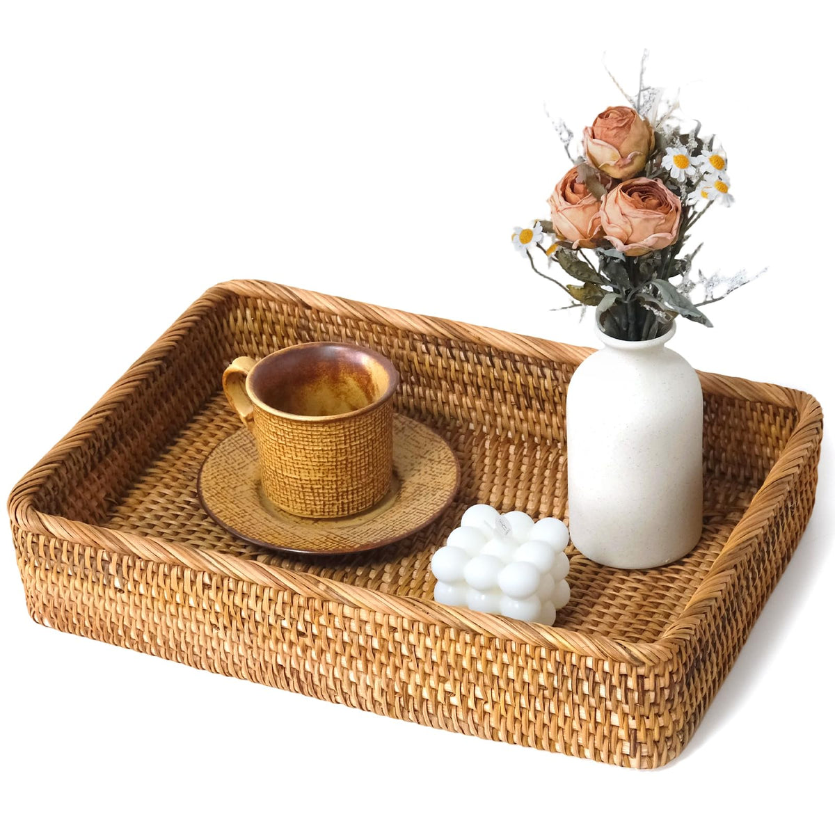 Rattan Serving Tray,Rectangle Wicker Storage Basket Set of 3 for Organizing