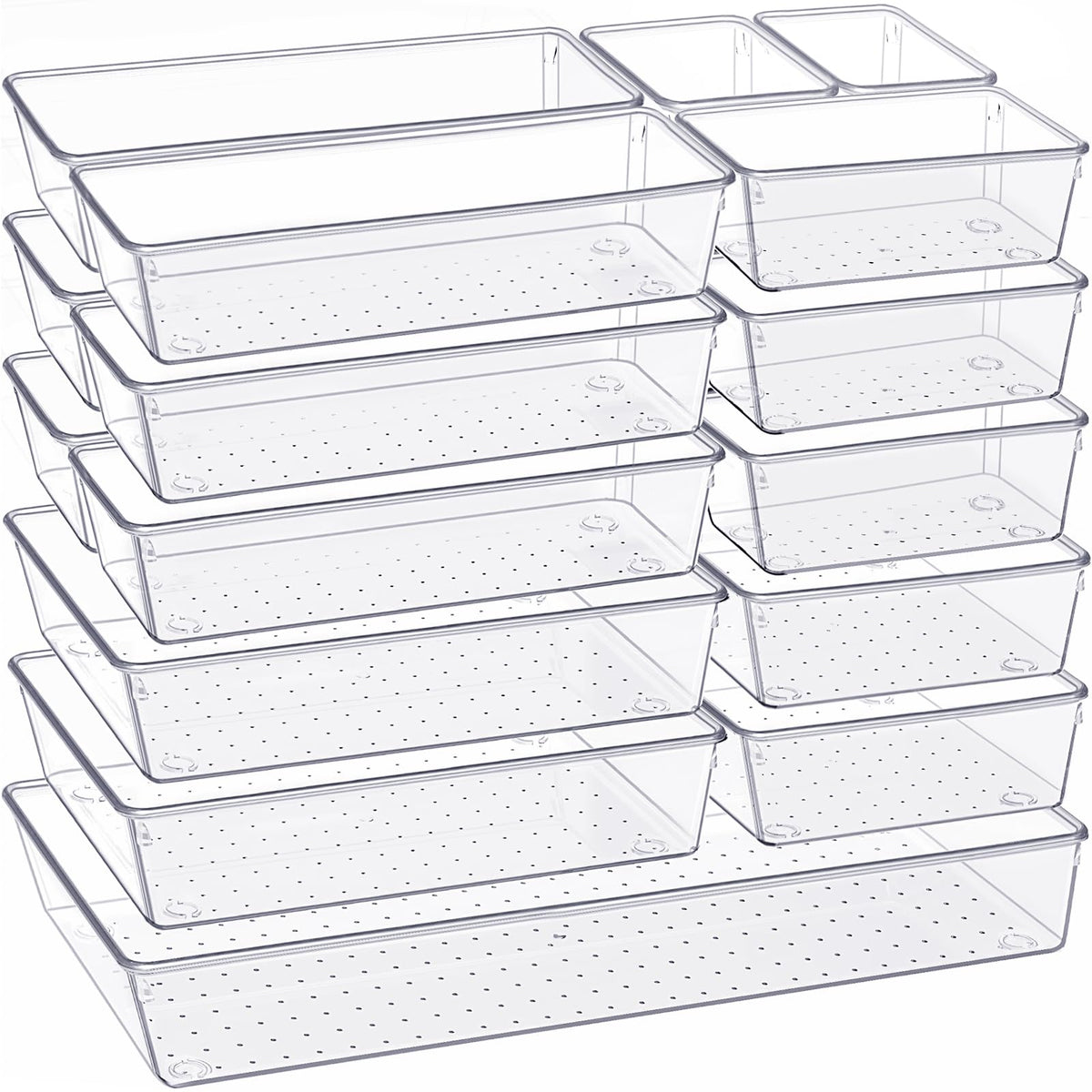 Criusia Drawer Organizer, 10 Pack Large Clear Plastic Set, 3 Size Versatile Bathroom and Vanity Organizer Trays, Storage Bins for Makeup, Bedroom, Kitchen Utensils