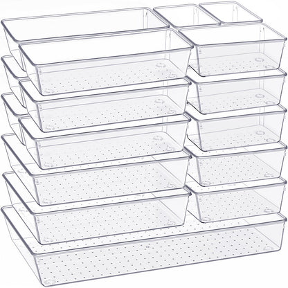 Criusia Drawer Organizer, 10 Pack Large Clear Plastic Set, 3 Size Versatile Bathroom and Vanity Organizer Trays, Storage Bins for Makeup, Bedroom, Kitchen Utensils