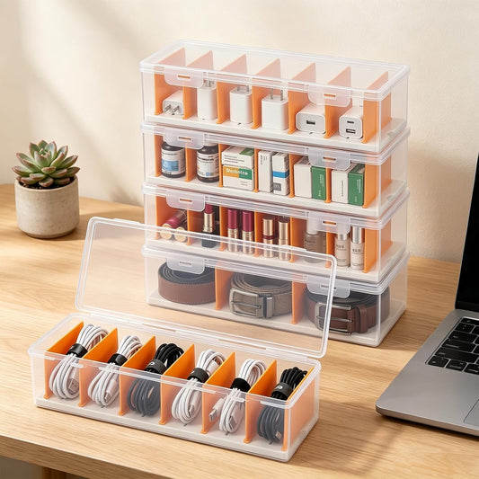 VZZNN 5 Pack Clear Cable Organizer Box with Lid, Plastic Cord Storage Case for Chargers, Power Cords, Electronics Accessories – Transparent Desk Organizer, Stackable, Adjustable Dividers