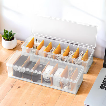 PAVSTINE 2 Pack Clear Cable Organizer Box with Lid and Adjustable Dividers