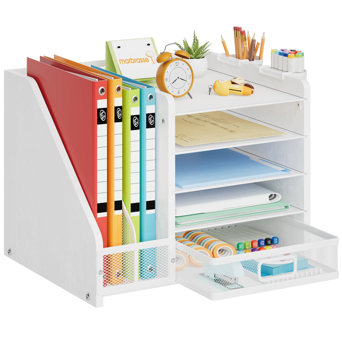 Marbrasse Desk Organizer with File Holder, 5-Tier Paper Letter Tray Organizer with Drawer and 2 Pen Holder, Mesh Desktop Organizer and Storage with Magazine Holder for Office Supplies(Black)