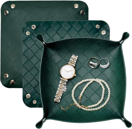 UnionBasic Small Valet Tray, Jewelry Tray for Rings Watches Earrings, Entryway Catchall Caddy for Coins Keys Change, Nightstand Bedside Valet Holder, Trays for Electronic Gadgets, Woven Vintage Green