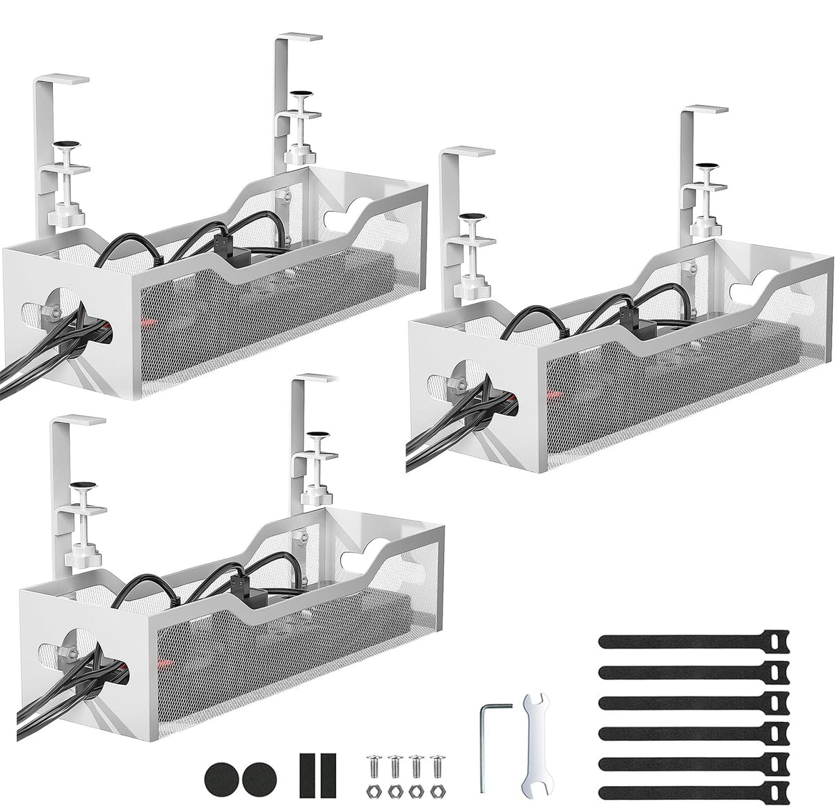 Under Desk Cable Management Tray No Drill, Metal Mesh Cable Management Under Desk with Clamp Mount, 2 Hole Cable Tray with Wire Management and Cord Organizer for Home Office Standing Desk
