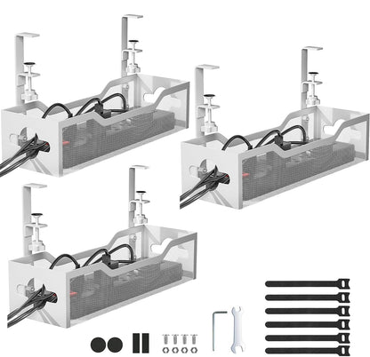 Under Desk Cable Management Tray No Drill, Metal Mesh Cable Management Under Desk with Clamp Mount, 2 Hole Cable Tray with Wire Management and Cord Organizer for Home Office Standing Desk