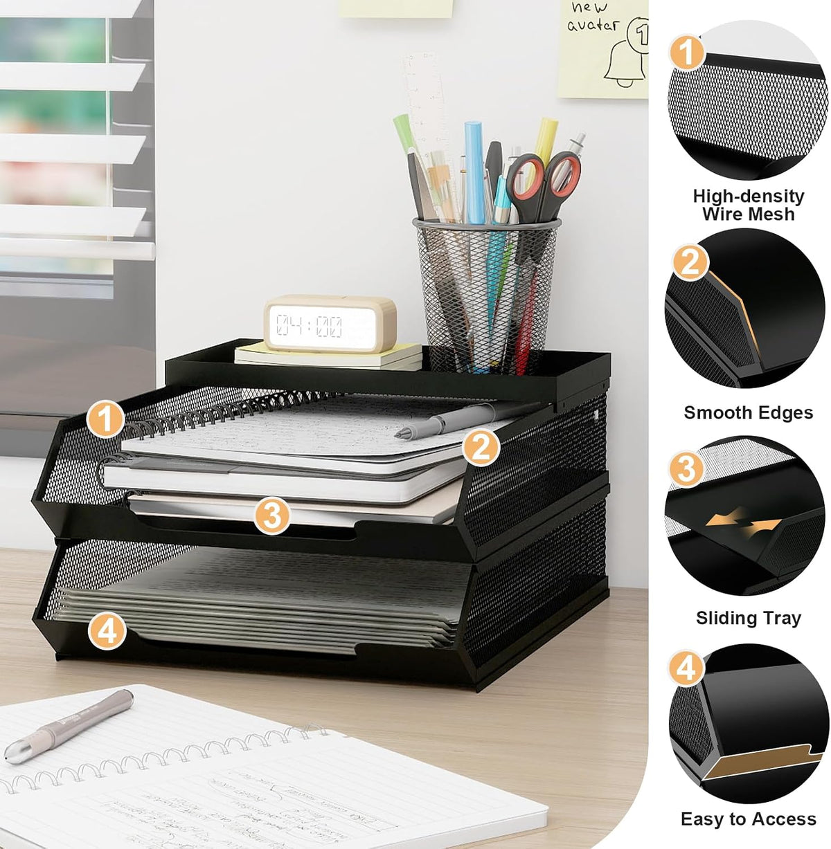 Natwind 2-Tier Stackable Metal Mesh Paper Organizer with Sliding Tray,Black