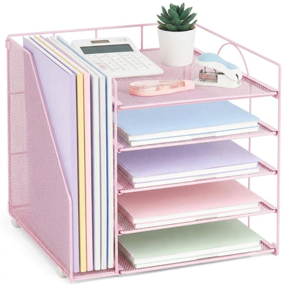 LEKETREE Desk Organizers and Accessories, 5-Tier Paper Letter Tray Organizer with File Holder, Desktop Organizer for Office Supplies (Black)