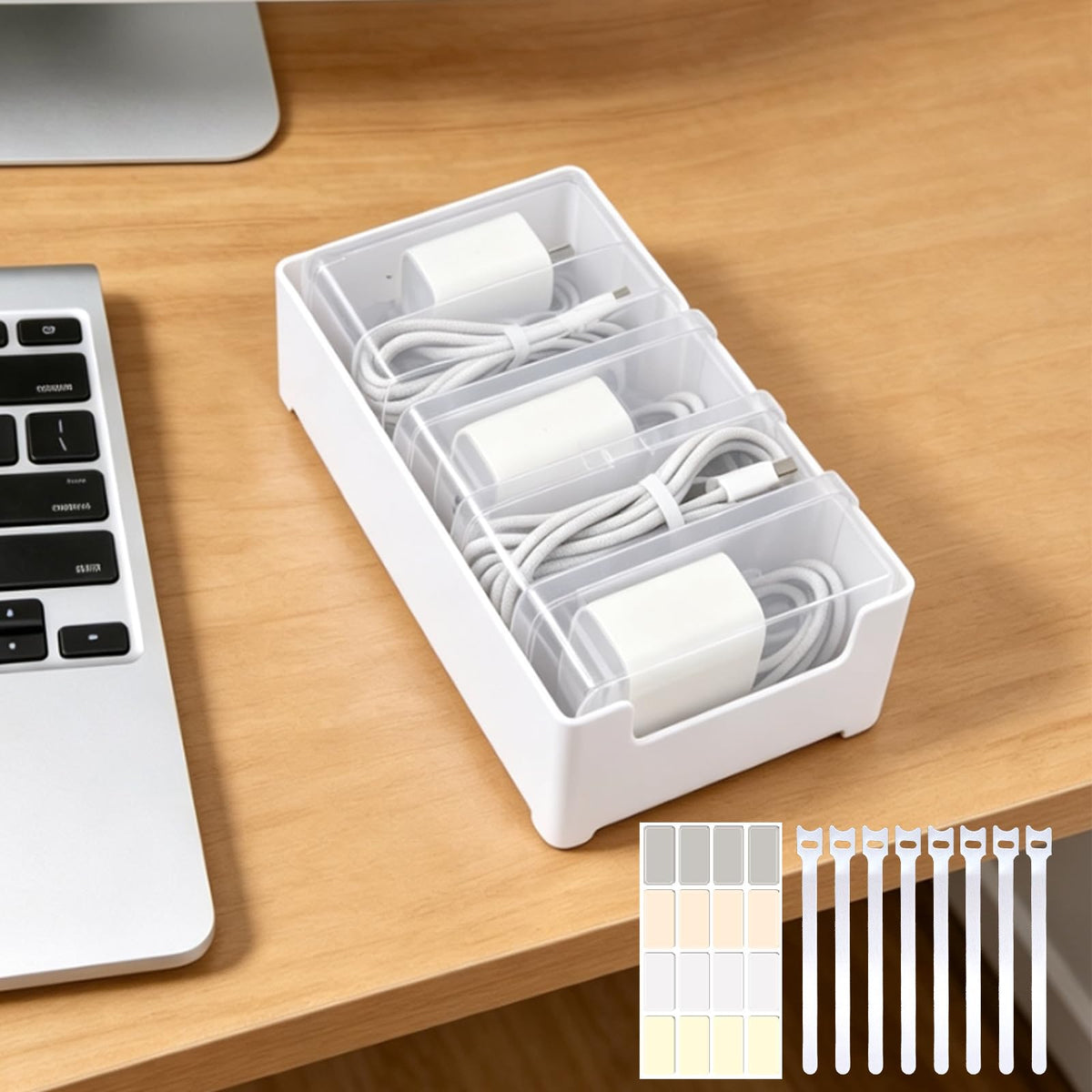 8 Individual Cable Organizer Boxes With Base, Cord Storage Organizer With Labels And Cable Straps For Charging Cables, Adapters, Earphones (8 pcs Individual Cable, 1 Pack)