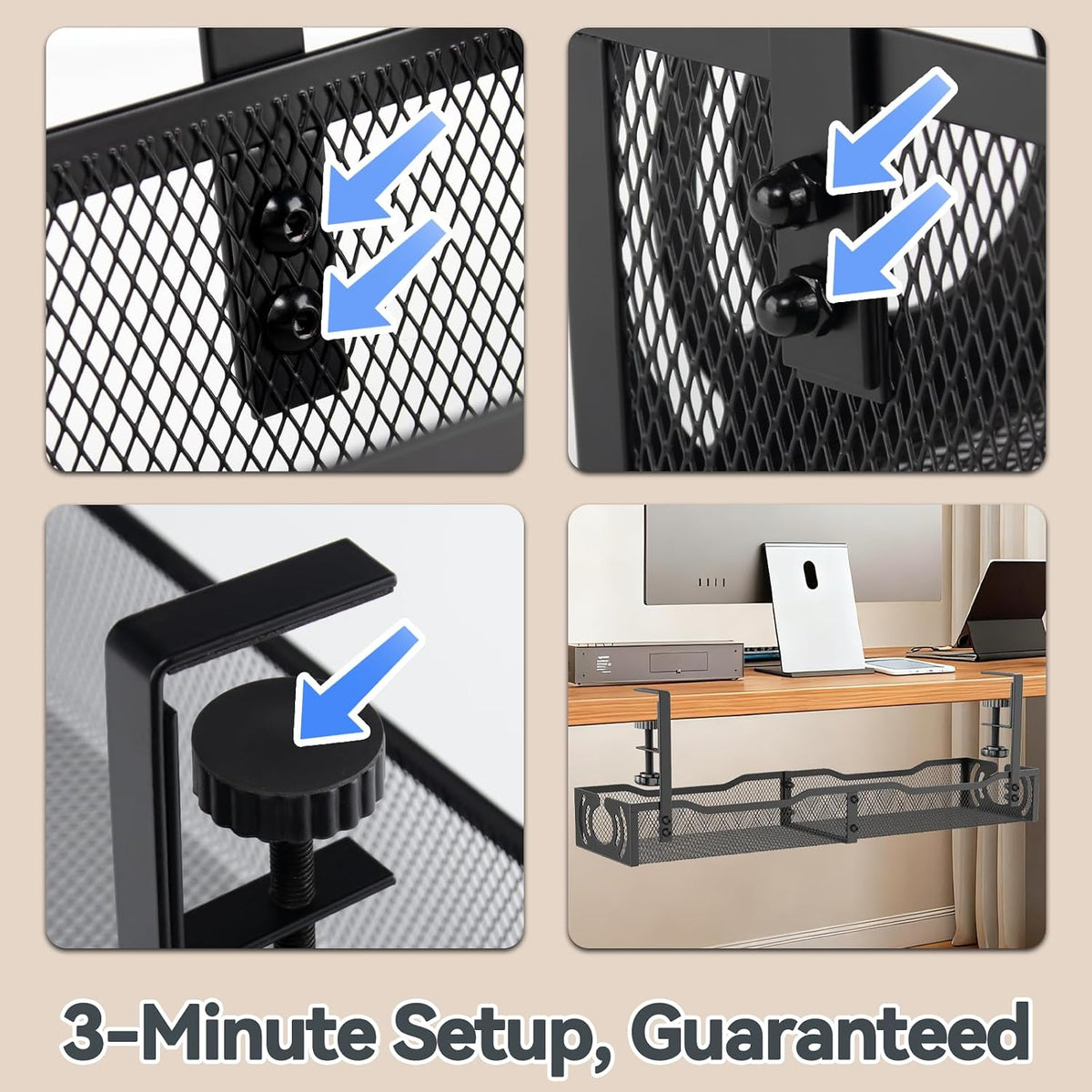 Cable Management, 25.3'' Under Desk Cable Management Tray No Drill