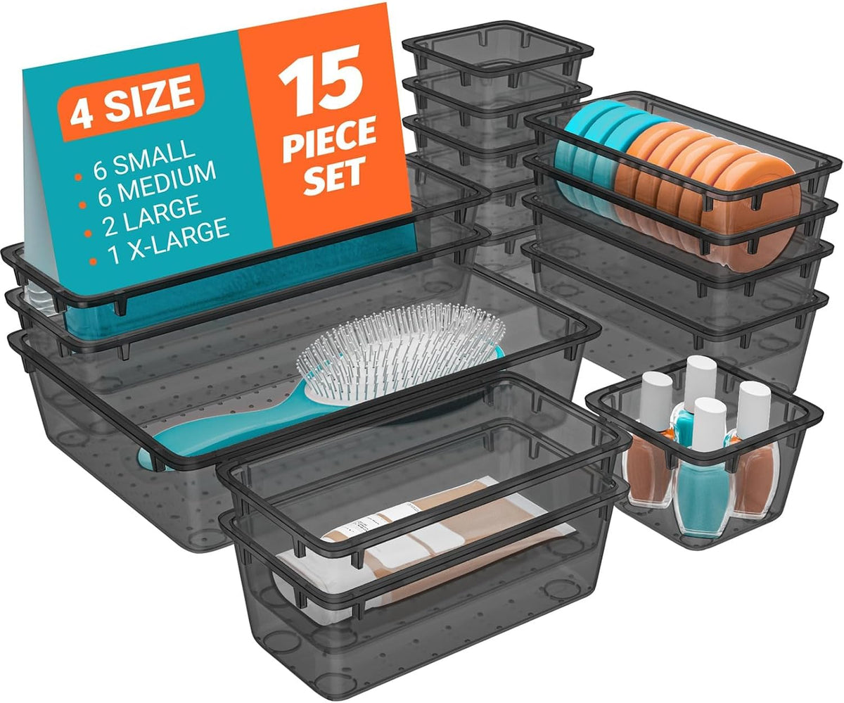 SpaceHacks 15 PCS Plastic Drawer Organizer Set, Drawer Storage Trays