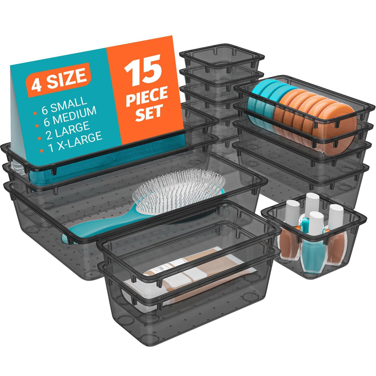 SpaceHacks 15 PCS Plastic Drawer Organizer Set, Drawer Storage Trays