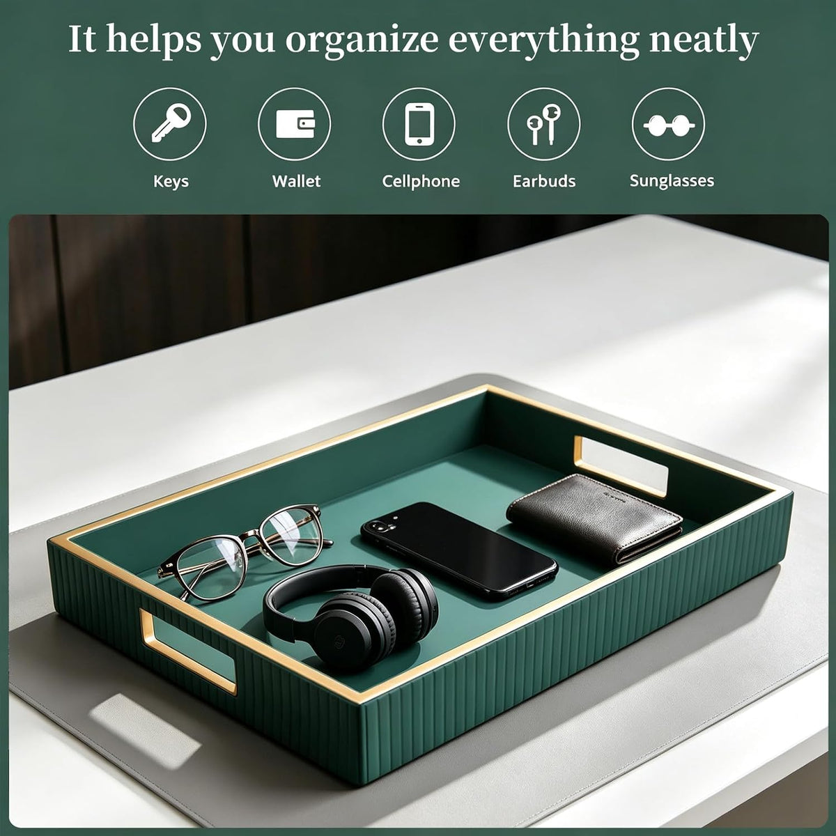 SANZIE Leather Tray Desktop Storage Organizer, Rectangle Valet Tray, Green