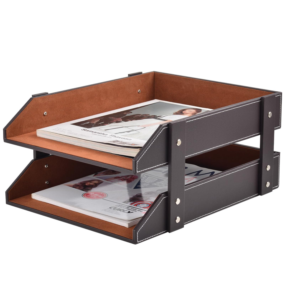 Leather Desk Organizer,2-Tier Stackable Letter Tray Holder,Office Supplies Desktop Storage Box for Document,Stationery,Magazines,Newspapers,Letters and Other Home Office Paper Sundries,Coffee
