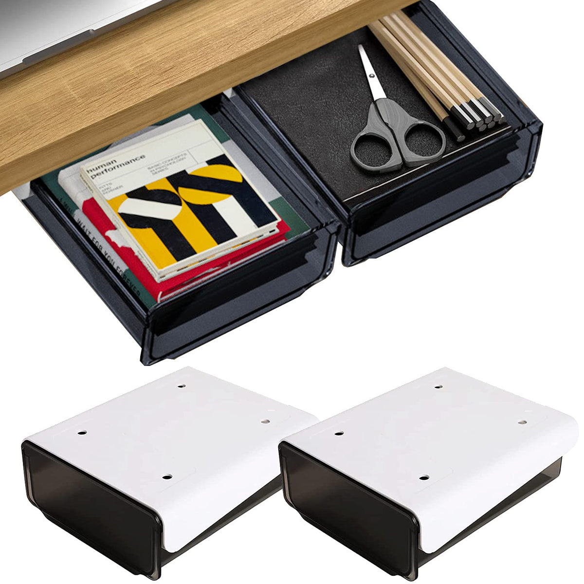 OSPNIEEK Self-adhesive Under Desk Drawer Organizer, 2 Pack Table Hidden Slide Out Large Storage Mounted Desktop Pencil Holder Tray Drawers for Office Home School Stationery Kitchen (White)