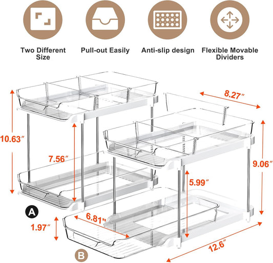 Delamu 2-Tier Multi-Purpose Bathroom Under Sink Organizers and Storage, Stackable Kitchen Pantry Organization, Pull Out Medicine Cabinet Organizer with Movable Dividers, White, 2 Pack