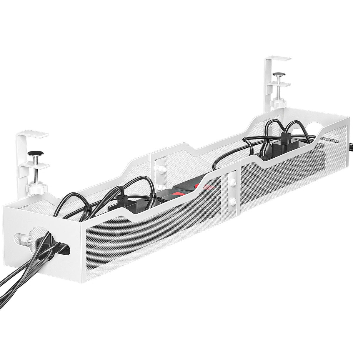 Under Desk Cable Management Tray No Drill, Metal Mesh Cable Management Under Desk with Clamp Mount, 2 Hole Cable Tray with Wire Management and Cord Organizer for Home Office Standing Desk