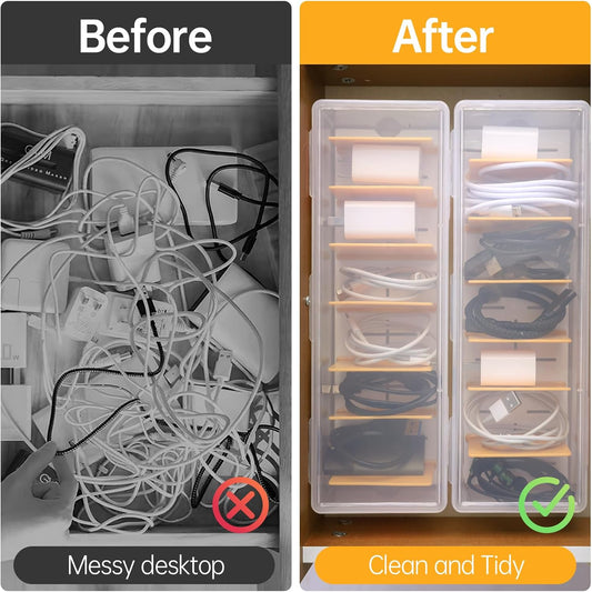 PAVSTINE 2 Pack Clear Cable Organizer Box with Lid and Adjustable Dividers