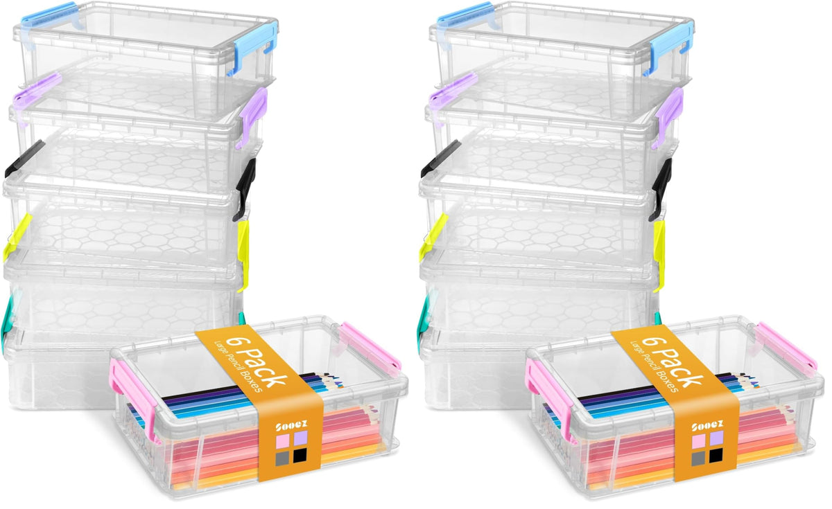 Sooez 6 Pack Extra Large Pencil Box, Plastic Pencil Case Crayon Box