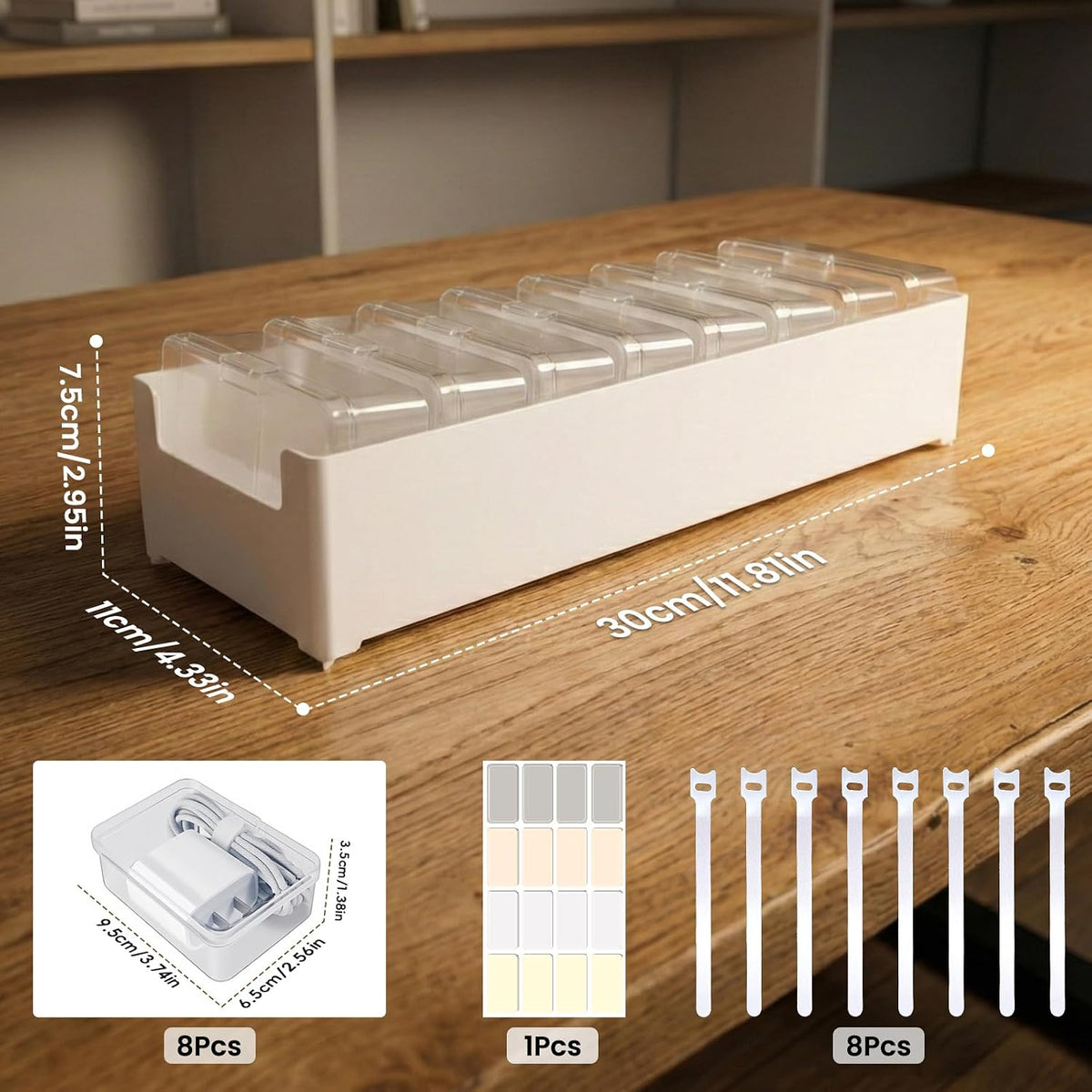 8 Individual Cable Organizer Boxes With Base, Cord Storage Organizer With Labels And Cable Straps For Charging Cables, Adapters, Earphones (8 pcs Individual Cable, 1 Pack)