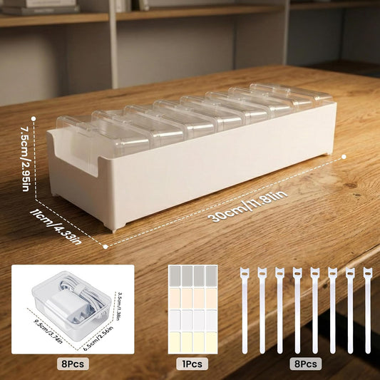 8 Individual Cable Organizer Boxes With Base, Cord Storage Organizer With Labels And Cable Straps For Charging Cables, Adapters, Earphones (8 pcs Individual Cable, 1 Pack)