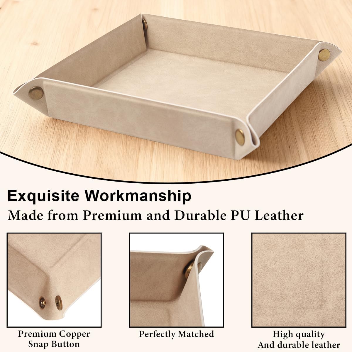 Valet Tray Desktop Storage Organizer – Premium PU Leather Catchall Bedside Vanity Tray Nightstand Caddy Holder for Remote Controller, Keys, Phone, Wallet, Coin, Jewelry,Apricot
