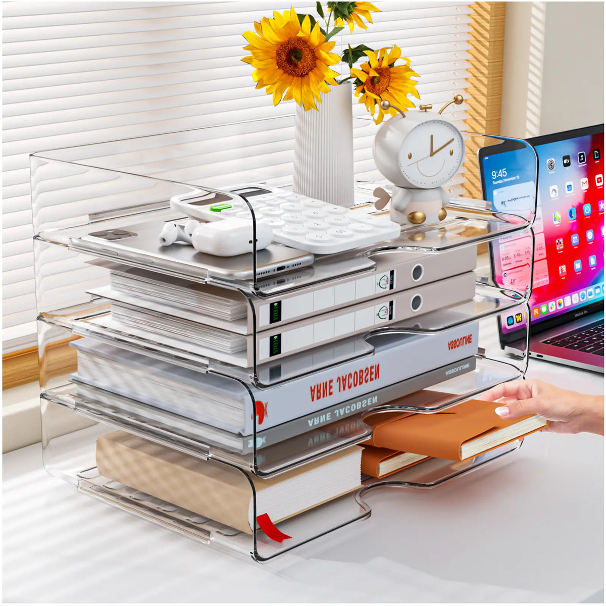 【Back-to-School】4-Pack Space-Saving Acrylic Stackable Desk File Organizer Letter Tray - Paper Organizer Storage for Home Office, Desk Letters, A4 Files, iPads, Books, Notes, Folders