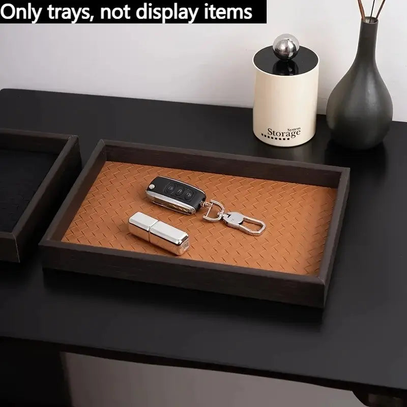 1-Piece Glam Look Rectangular Waterproof Woven-Texture Faux Leather Organizer Tray - Home Storage Solution for Jewelry, Watch, Cosmetic; Bedroom Vanity Desktop Decor (Ideal Gift)