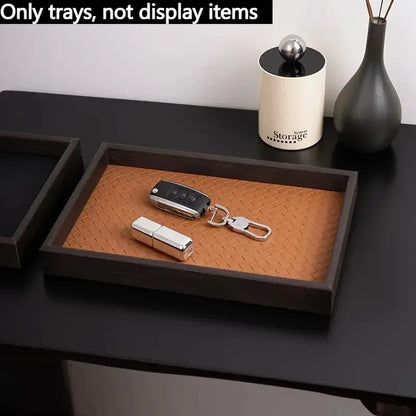 1-Piece Glam Look Rectangular Waterproof Woven-Texture Faux Leather Organizer Tray - Home Storage Solution for Jewelry, Watch, Cosmetic; Bedroom Vanity Desktop Decor (Ideal Gift)