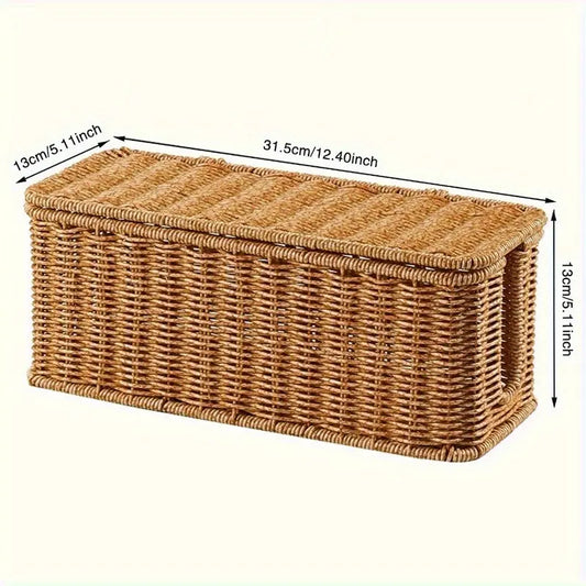 Woven Rattan Cable Storage Box, Durable Pe Material, Country Ethnic Style with Lid, Multi-Layer Organizer for Power Cables, Data Cables, Chargers