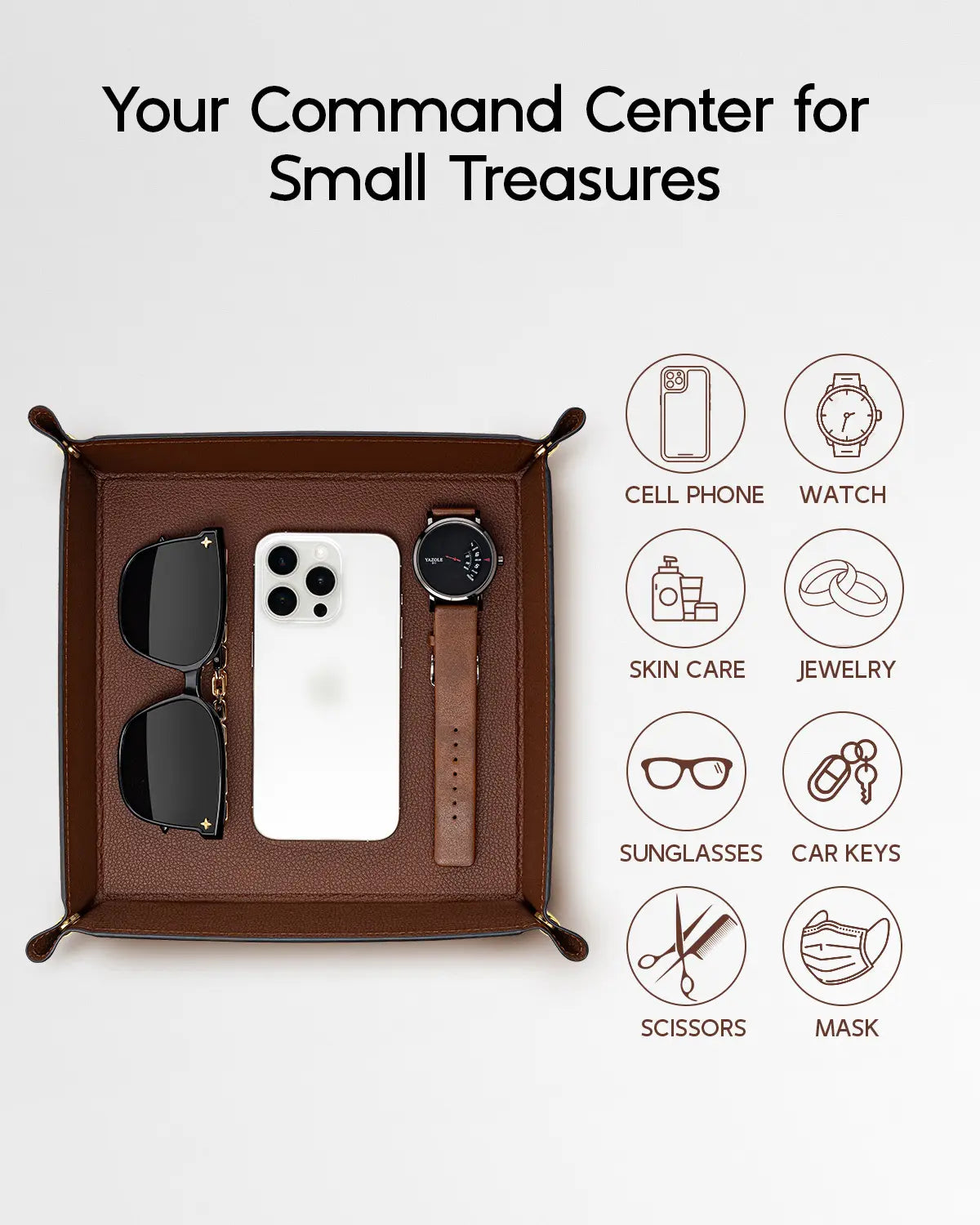 VLANDO Classic Square Wear-Resist PU Leather Valet Tray Catchall - 28.5 x 28.5 cm Collapsible Organizer, Waterproof Fold for Travel Dustproof Box with Adjustable Button-Closure, Desk/Bedside Fit Home Entryway Holder for Keys/Phone