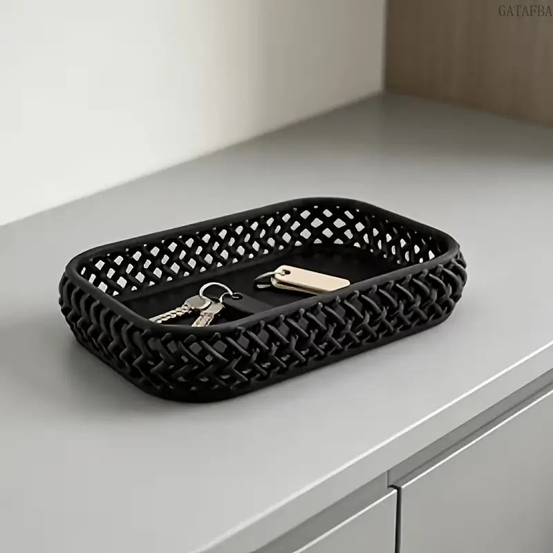 Woven Hollow Desktop Storage Tray, Jewelry and Makeup Brush Organizer for Entryway and Vanity