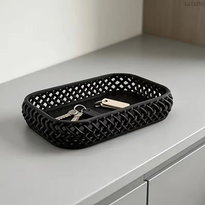 Woven Hollow Desktop Storage Tray, Jewelry and Makeup Brush Organizer for Entryway and Vanity