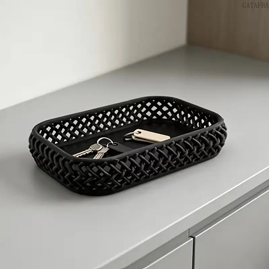 Woven Hollow Desktop Storage Tray, Jewelry and Makeup Brush Organizer for Entryway and Vanity