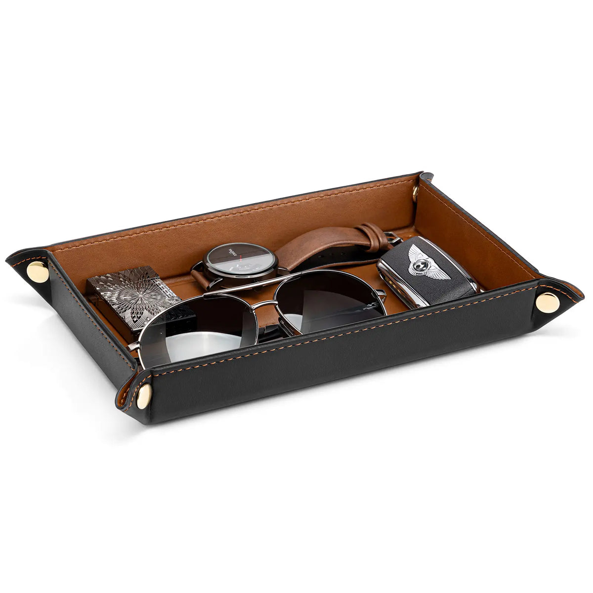 VLANDO Classic Square Wear-Resist PU Leather Valet Tray Catchall - 28.5 x 28.5 cm Collapsible Organizer, Waterproof Fold for Travel Dustproof Box with Adjustable Button-Closure, Desk/Bedside Fit Home Entryway Holder for Keys/Phone