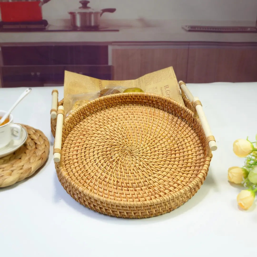Round Rattan Storage Tray, 1/3 Pack Boho Style Tea Tray with Handle, Fruit Plate, Bread Snack Bohemian Basket, Home Organizer, House Organizers for Kitchen, Dining Room Decor