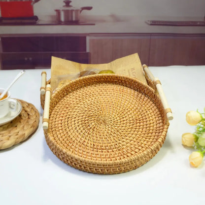 Round Rattan Storage Tray, 1/3 Pack Boho Style Tea Tray with Handle, Fruit Plate, Bread Snack Bohemian Basket, Home Organizer, House Organizers for Kitchen, Dining Room Decor