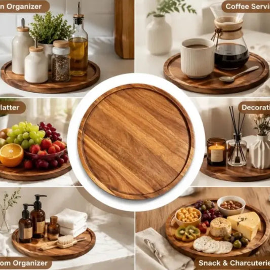 Wooden Round Storage Tray, 1-Piece Multifunctional Desktop Organizer for Bathroom, Bedroom & Living Room