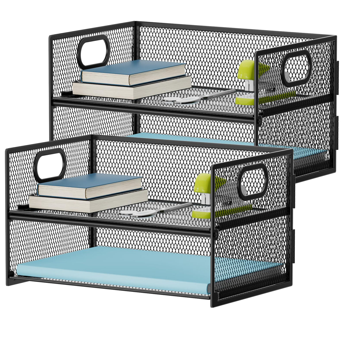 Marbrasse 2 Tier Paper Organizer Letter Tray, Mesh File Organizer with Handle, Paper Sorter Desk Organizer for Home Office Supplies - Black