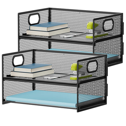 Marbrasse 2 Tier Paper Organizer Letter Tray, Mesh File Organizer with Handle, Paper Sorter Desk Organizer for Home Office Supplies - Black