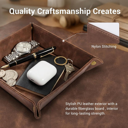CoBak Leather Valet Tray, PU Leather Catch All Tray for Entryway,Brown