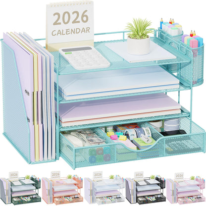 gianotter Desk Organizers and Accessories with File Holder, 4-Tier Desk Accessories & Workspace Organizers with Drawer and 2 Pen Holder, Paper Organizer for Office Supplies (Rose Gold)