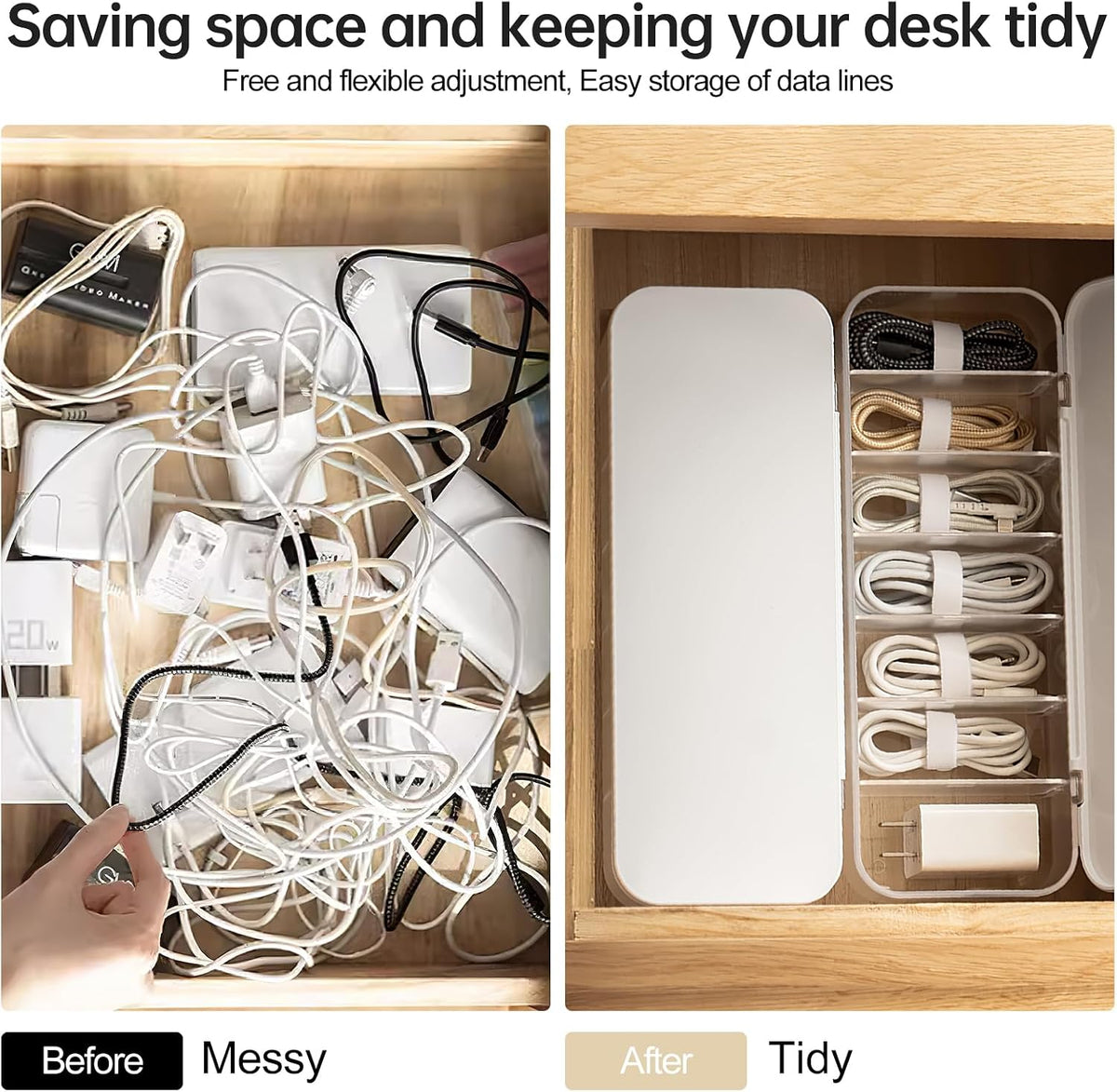 PAVSTINE 2 Pcs Cable Organizer Storage Box with Lid, 14 Wire Ties, White