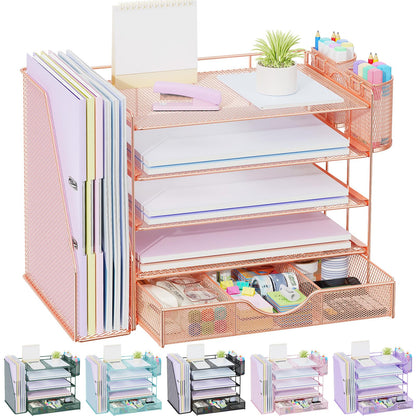 gianotter Desk Organizers and Accessories with File Holder, 4-Tier Desk Accessories & Workspace Organizers with Drawer and 2 Pen Holder, Paper Organizer for Office Supplies (Rose Gold)