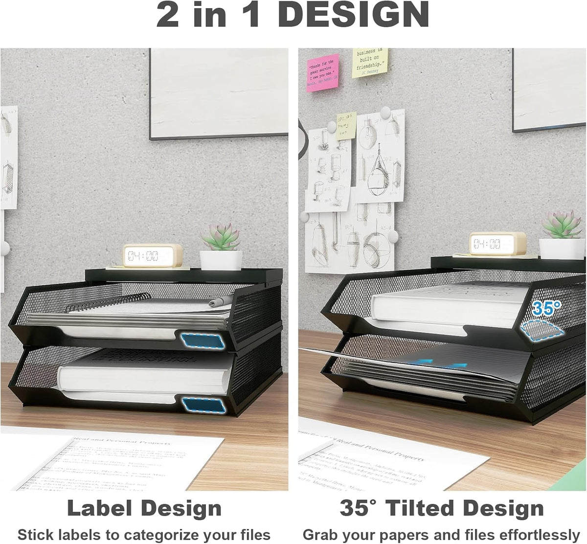 Natwind 2-Tier Stackable Metal Mesh Paper Organizer with Sliding Tray,Black