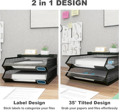 Natwind 2-Tier Stackable Metal Mesh Paper Organizer with Sliding Tray,Black